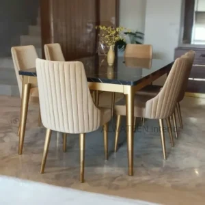 Turkish Style Luxury Dining Set with Black Marble Top and Beige Velvet Chairs - Image 1