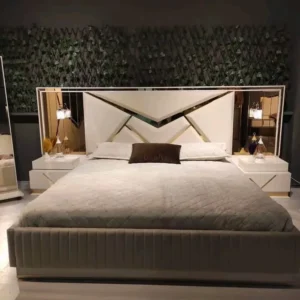Luxury Turkish Grey Velvet Bed with Gold Deco Geometric Headboard - Image 1