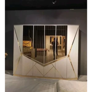 Luxury Turkish Grey Velvet Bed with Gold Deco Geometric Headboard - Image 3