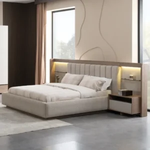 Contemporary Grey Fabric Bed with Integrated LED Lighting - Image 1