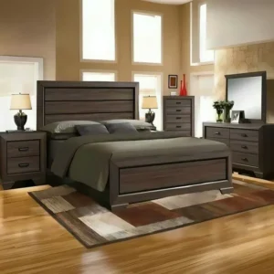Classic Dark Brown Solid Wood Bed with Tiered Headboard - Image 1