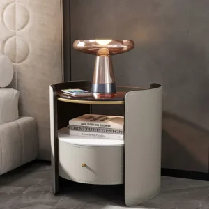 Modern Circular Side Table with Leather Rite Wrap and Glass Top - Image 1