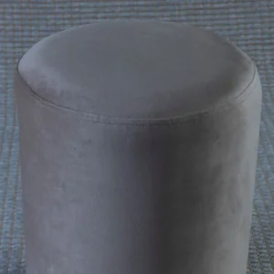 Luxury Round Velvet Pouffe with Deep Grey Upholstery and Black Feet - Image 3