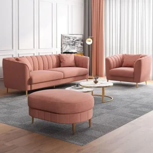 Luxury Pink Fabric Sofa Set with Vertical Channel Tufting and Gold Legs - Image 1