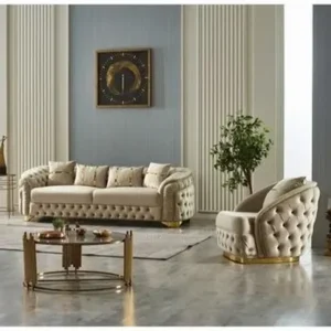 Turkish Style Tufted Cream Velvet Sofa with Gold Base - Image 1