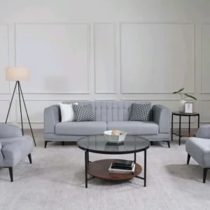 Modern Grey Jute Fabric Sofa with Button-Tufted Backrest - Image 1