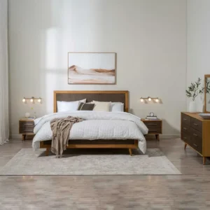 Scandi-Style Minimalist Jute Fabric Bed with Dark Brown Wood Frame - Image 1