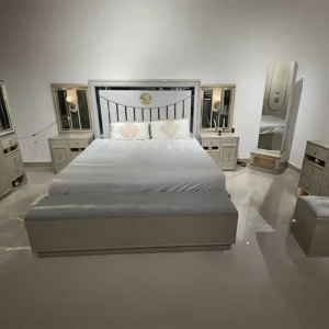 Turkish Style Luxury Fabric Bed with Mirrored Side Panels and Gold Emblems - Image 1