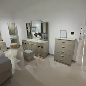 Turkish Style Luxury Fabric Bed with Mirrored Side Panels and Gold Emblems - Image 2