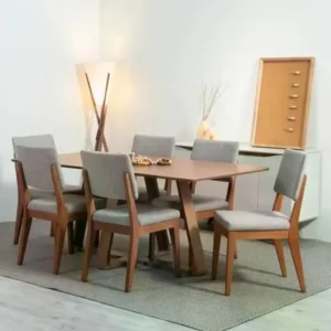 Mid-Century Modern 6-Seater Dining Set with Jute Upholstered Chairs - Image 1