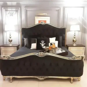 Royal Black Velvet and Gold Carved Luxury Bed - Image 1