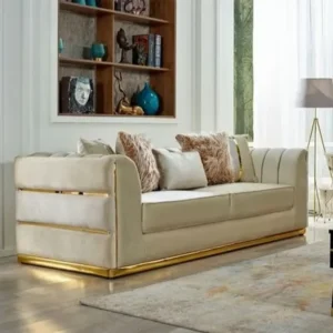 Modern White Velvet Sofa with Triple Gold Horizontal Banding - Image 1