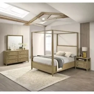 Luxury Light Brown Wood Canopy Bed with Cream Leather Headboard - Image 1