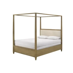 Luxury Light Brown Wood Canopy Bed with Cream Leather Headboard - Image 2