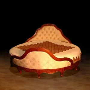 Luxury Round White Velvet Bed with Carved Mahogany Wood Frame - Image 1
