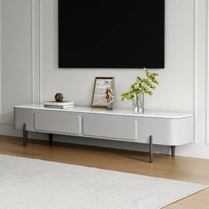 Minimalist Glossy White Floating Media Console with Marble Top and Slate Legs - Image 1