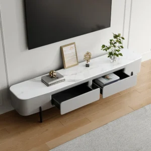 Minimalist Glossy White Floating Media Console with Marble Top and Slate Legs - Image 2
