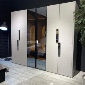 Modern Decona High-Gloss White Wardrobe with Black Mirrored Center Doors - Image 1