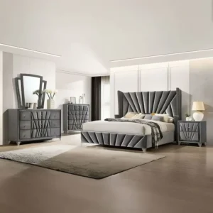 Art Deco Inspired Grey Velvet Bedroom Set with Geometric Sunburst Headboard - Image 1