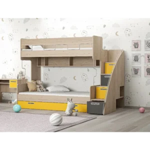 Modern Light Brown and Yellow Kids Bunk Bed with Integrated Storage Stairs - Image 1