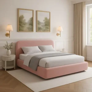 Simple Pink Velvet Upholstered Bed with Curved Minimalist Headboard - Image 1