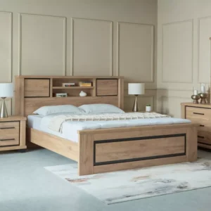 Classic Light Brown Laminated Bed Set with Integrated Headboard Storage - Image 2