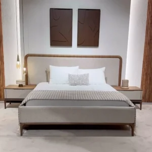 Modern Fabric Upholstered Bed with Half Polish Wood Trim and Jute Texture - Image 1