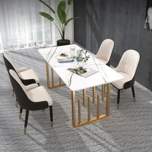 Elegant White Marble Dining Table with Gold Geometric Base and Velvet Chairs - Image 1