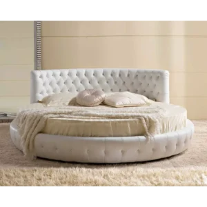 Luxurious White Leatherette Round Bed with Deep Tufted High Back Headboard - Image 1
