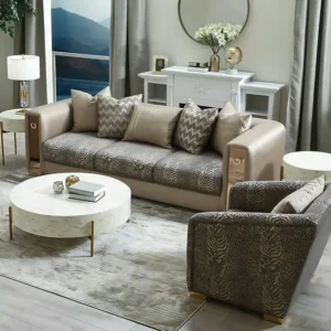 Turkish Style Grey and Gold Fabric Sofa with Animal Print Accents - Image 1