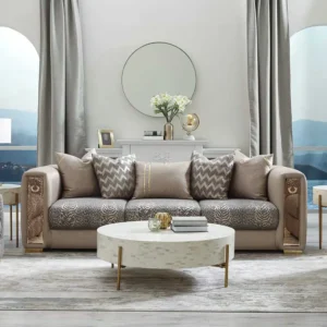 Turkish Style Grey and Gold Fabric Sofa with Animal Print Accents - Image 2