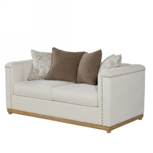 Simple Off-White Fabric Sofa with Studded Detail and Wood Base - Image 2