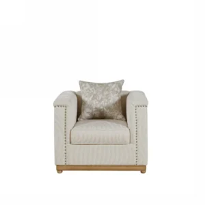 Simple Off-White Fabric Sofa with Studded Detail and Wood Base - Image 3