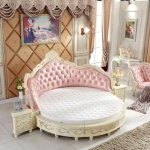Royal Luxury Round Tufted Bed in Pink Leather Rite and White Deco - Image 1