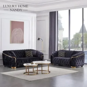 Luxury Black Velvet Chesterfield Style Sofa Set with Gold Hardware - Image 1