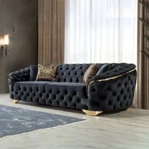 Luxury Black Velvet Chesterfield Style Sofa Set with Gold Hardware - Image 2