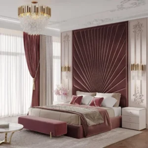 Modern Maroon Velvet Grand Wall Bed with Sunburst Vertical Paneling - Image 1