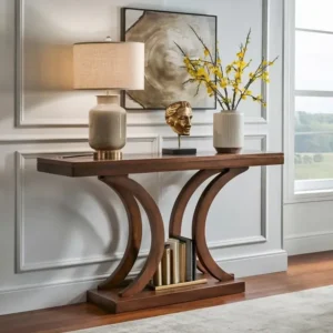 Luxury Brown Wood Curved Console Table with Tiered Base - Image 1