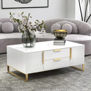 Turkish Style White Gloss Center Table with Geometric Gold Accents - Image 1