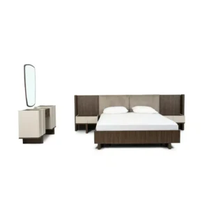 Contemporary Walnut Wood Bed with Grey Velvet Winged Headboard - Image 3