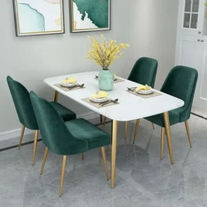 Emerald Green Velvet Modern Dining Set with White Marble Table - Image 1
