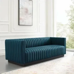 Modern Deep Teal Velvet Sofa with Vertical Channel Tufting and Dark Wood Base - Image 1