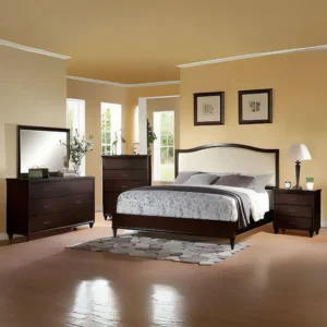 Sophisticated Classic Dark Brown Bed with White Jute Upholstery - Image 1