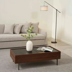 Mid-Century Modern Coffee Table with Dark Brown Wood and Black Top - Image 1