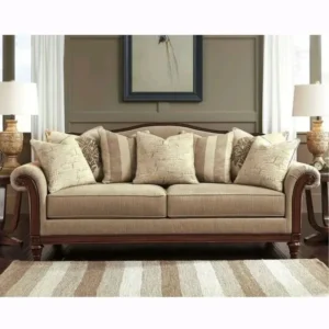 Elegant Classic Grey Fabric Wooden Sofa with Hand-Carved Half Polish Detail - Image 2