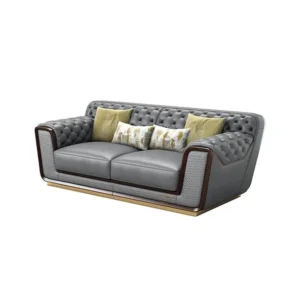 Modern Turkish Grey Leatherette Sofa with Quilted Diamond Back and Walnut Wood Trim - Image 1