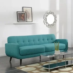 Mid-Century Modern Teal Jute Fabric Sofa with Tapered Dark Brown Legs - Image 1