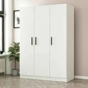 Simple Minimalist White Three-Door Cupboard with Matte Black Handles - Image 1