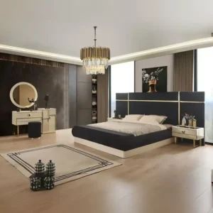 Turkish Style Black Velvet Grand Bed with Golden Trim Accents - Image 1