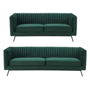 Deep Emerald Green Velvet Three-Seater Sofa Set with Vertical Channel Tufting - Image 1